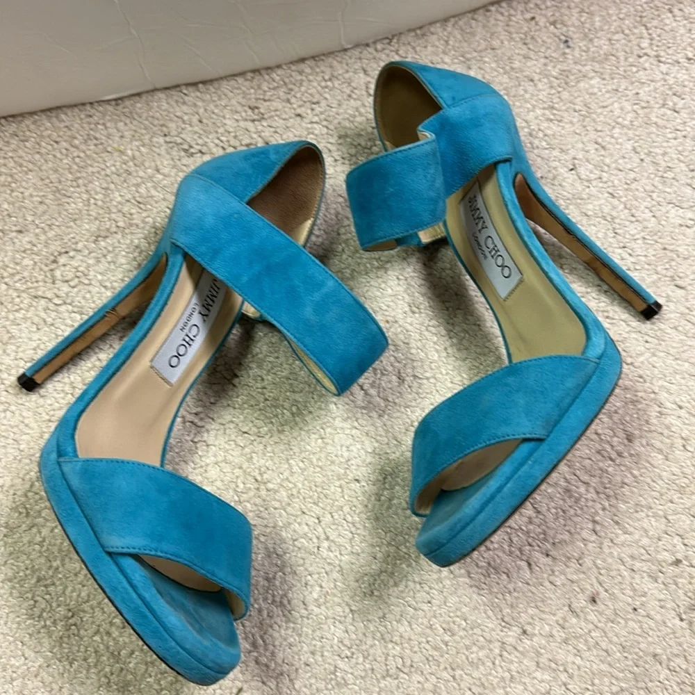 Women’s Jimmy Choo Platform Turquoise Suede Strappy Heels Size 37EU